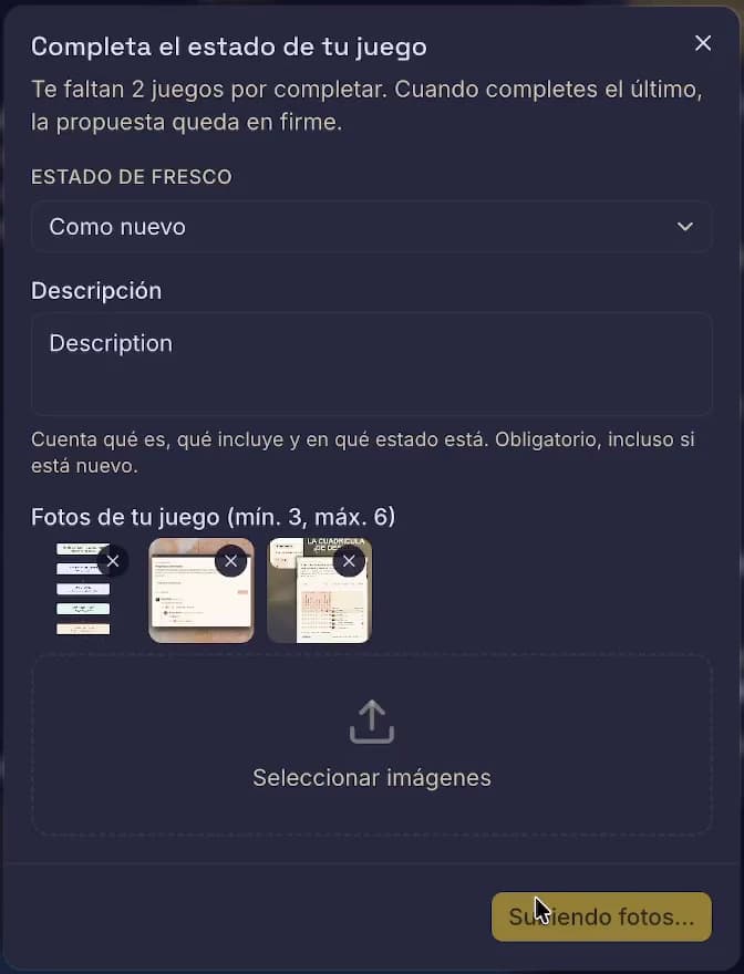 El estado de cada juego pedido: condición, descripción obligatoria y fotos — 2 si está nuevo, 3 si es usado.
