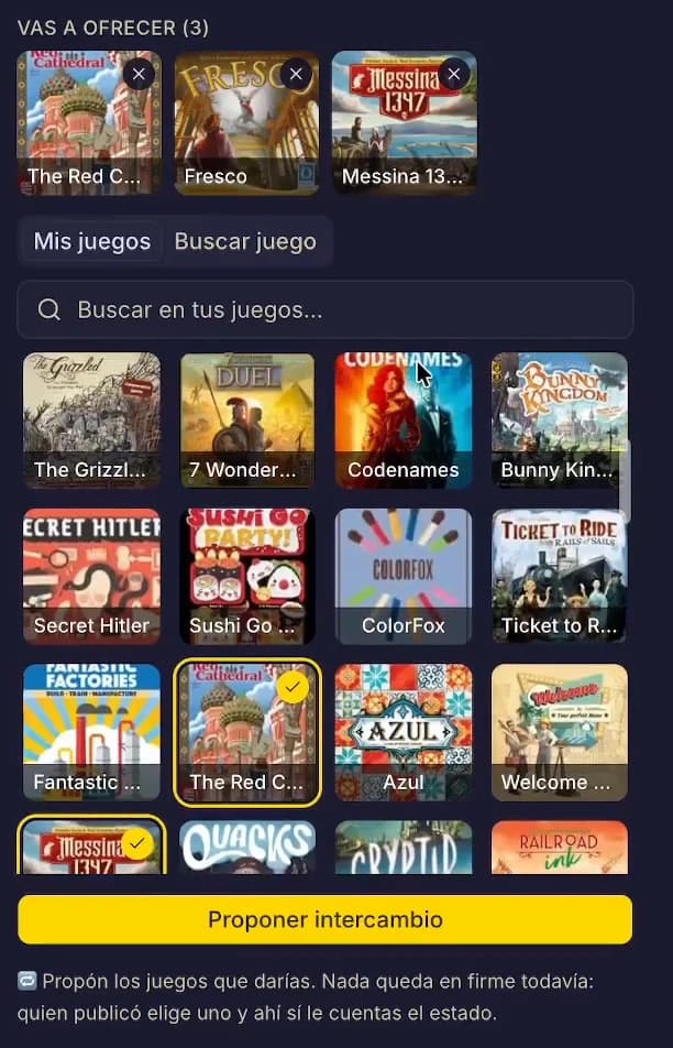 El selector: Mis juegos trae tu colección de BGG, Buscar juego trae el catálogo entero.