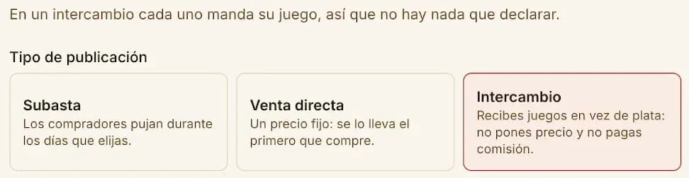 En Tipo de publicación, Intercambio quita el precio, la duración y el envío.